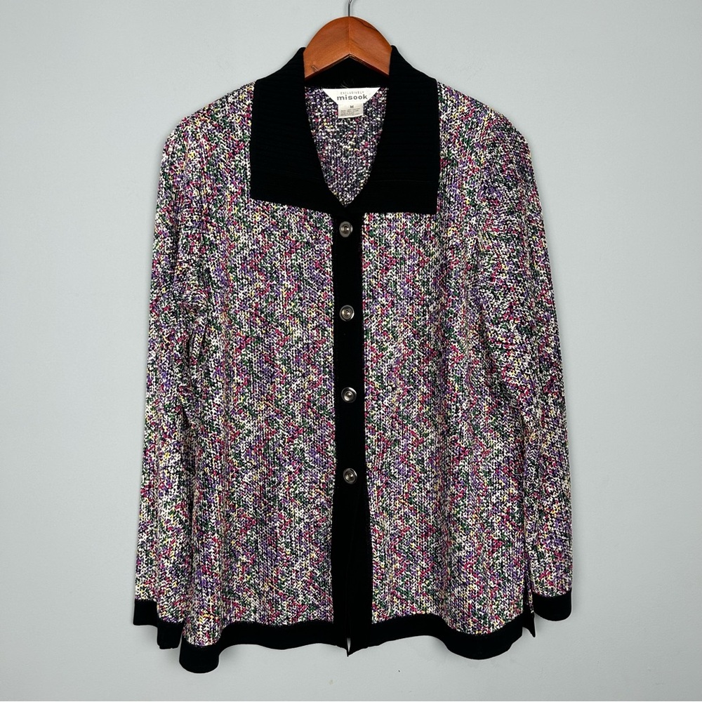 EXCLUSIVELY MISOOK open knit multicolor cardigan sweater size M shoulder pads